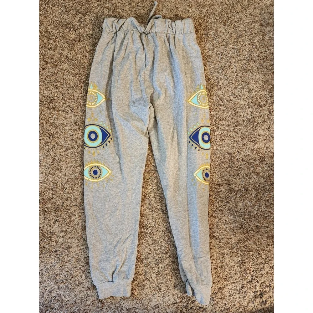 Evil Eye Graphic‎ Jogger Sweatpants Gray Blue Gold Spiritual Small USA Made